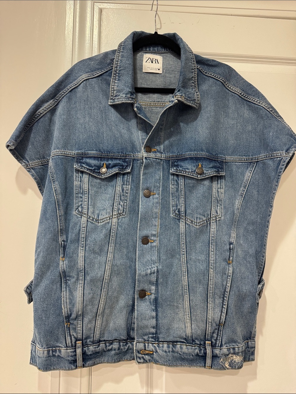 ZARA woman’s  Light Wash distressed cape Denim Jacket Vest - size medium